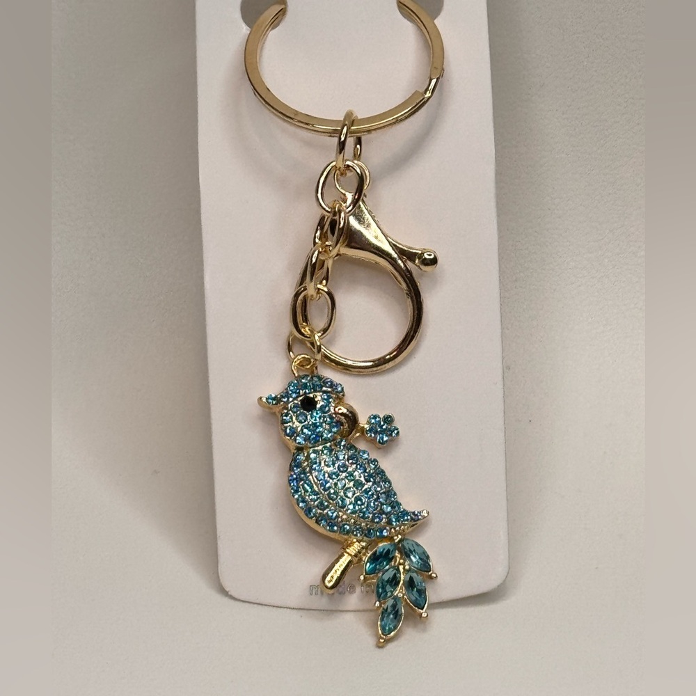 BAG CHARM Charming Gold and Blue Parrot Keychain